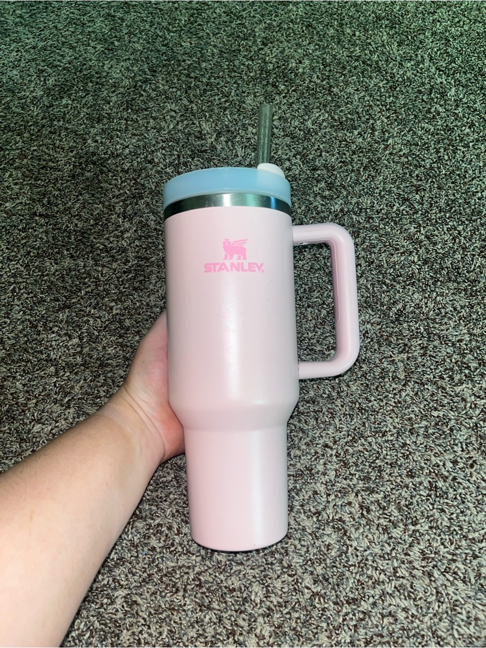 Stanley Pink Travel Mug with Blue Lid and Straw